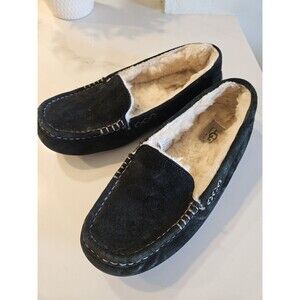 UGG Ansley Black Suede Sheepskin Warm Moccasins Slippers Shoes Size US 8 Women
